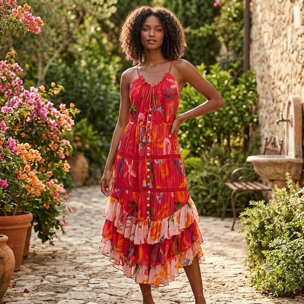 FARM Rio Tropical Tiered Midi Dress Floral Red L